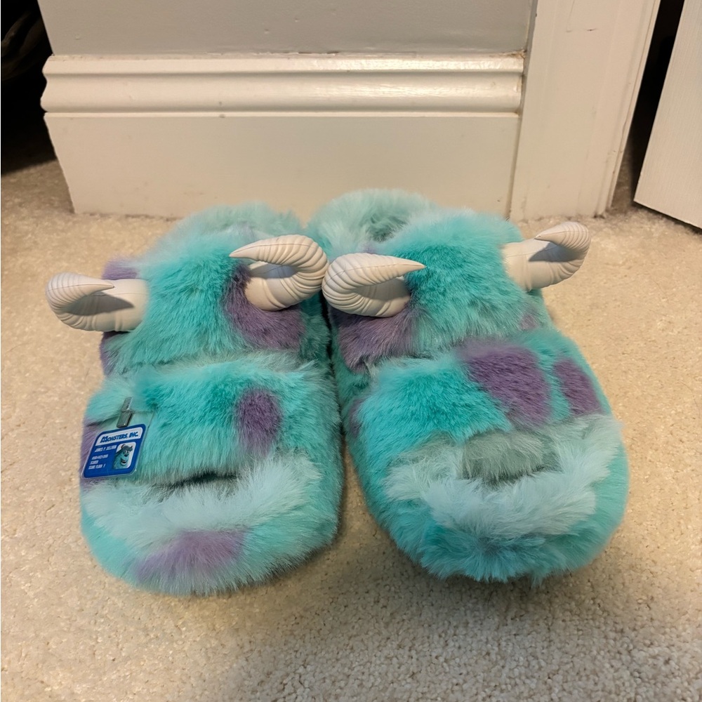 Fuzzy Blue and Purple Monster Slippers